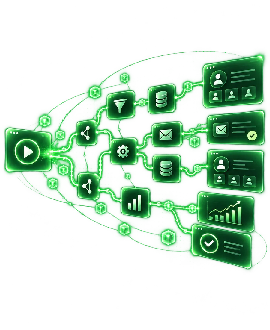 Diagrama de un flujo de automatización conectando canales, CRM y reportes
