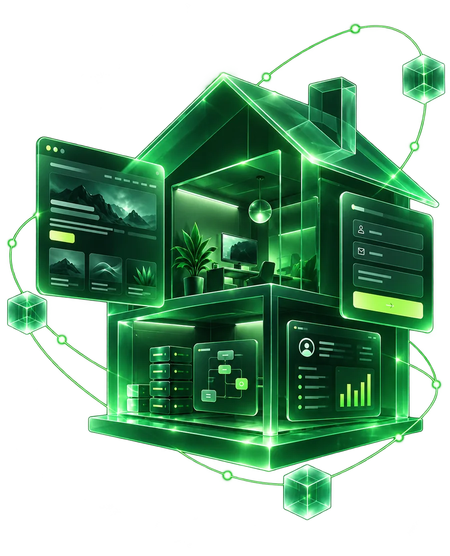 Ilustración de una casa digital con panel web y formulario integrados